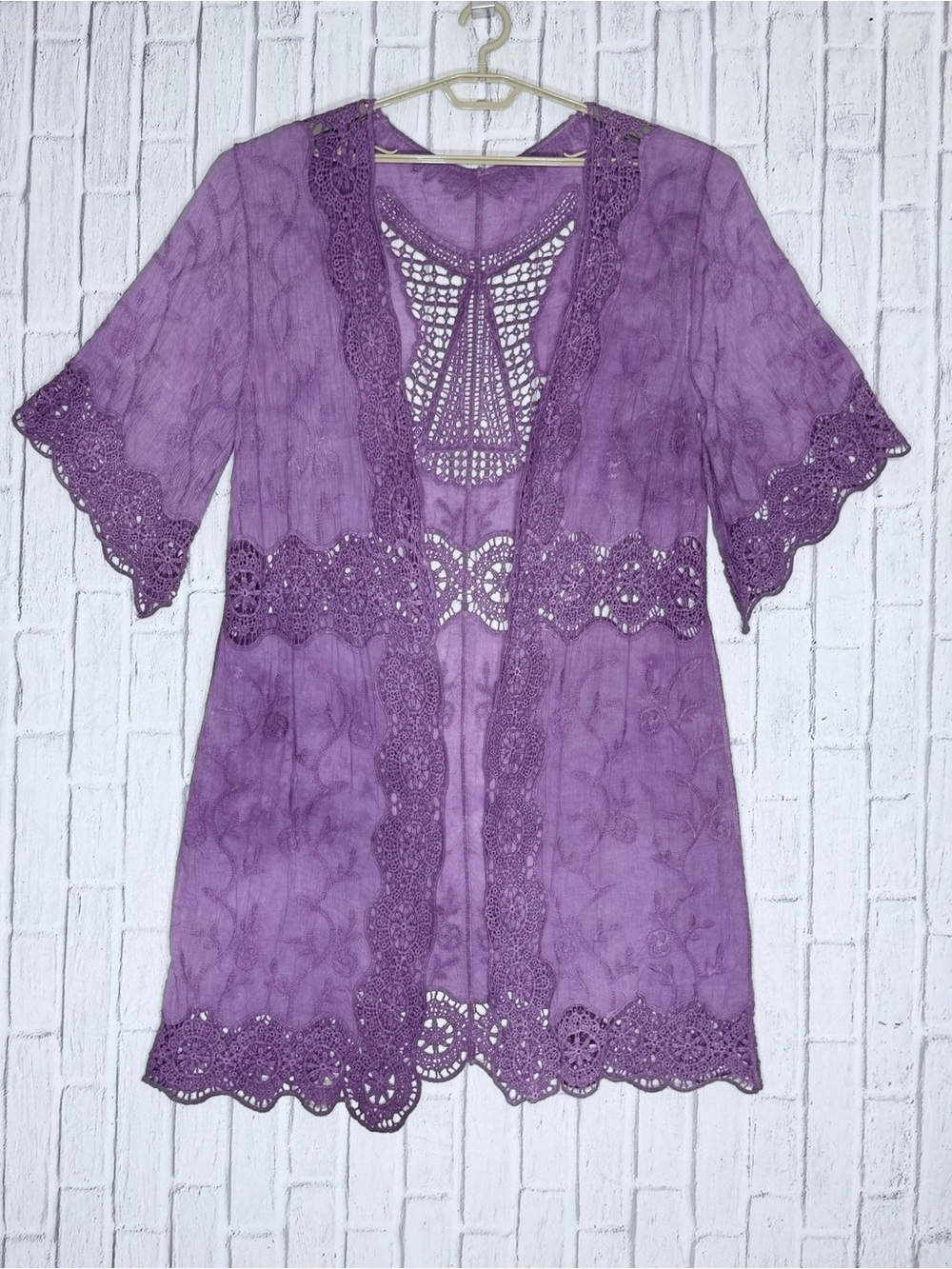 💜 100% COTTON Embroidered Crochet Lace Kimono Duster Butterfly Boho One Size